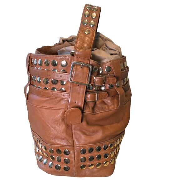 Vtg. Rebecca Minkoff Brown Studded Leather Shoulder Hobo Weekender Tote Bag - Picture 2 of 12
